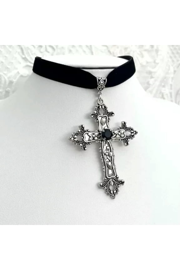 Gothic Large Cross Black Velvet Choker Vintage Cross Pendant Necklace Collar-Black-