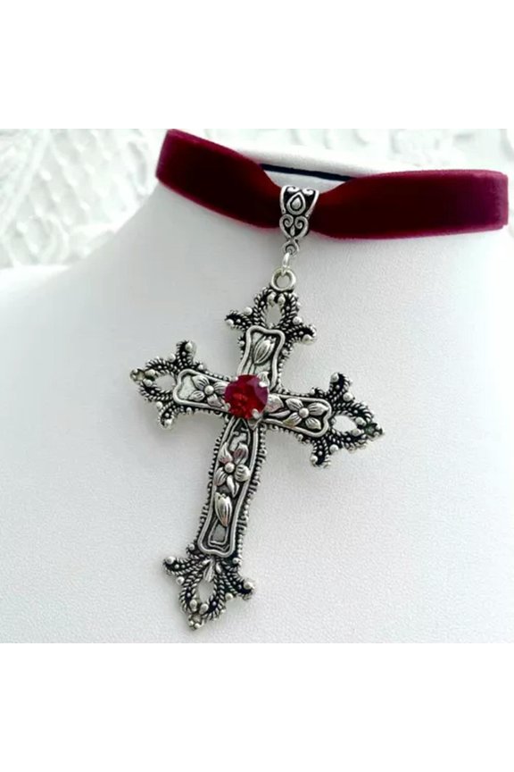 Gothic Large Cross Black Velvet Choker Vintage Cross Pendant Necklace Collar-Red-