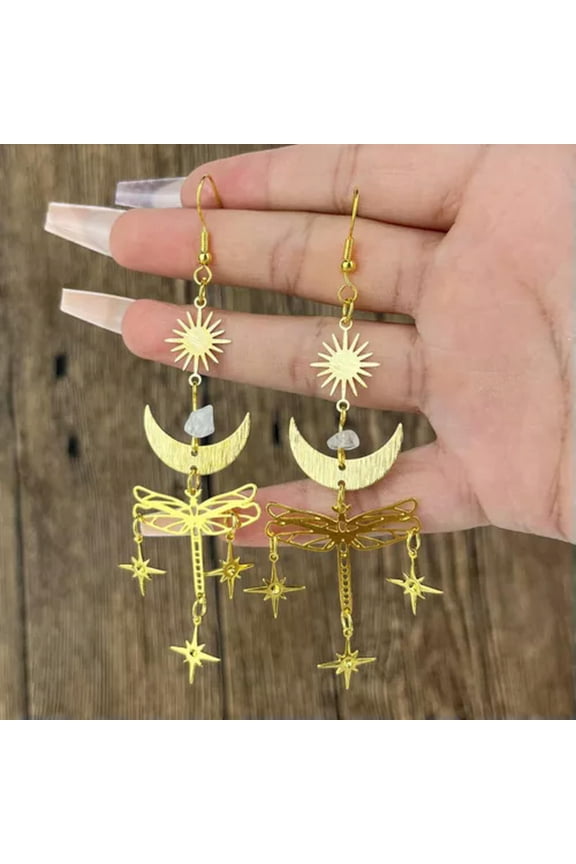 Gothic Moon phase Luna Moth Drop Dangle Earrings Butterfly Crystal Jewelry Gifts-#15Gold Dragonfly Moon Stars
