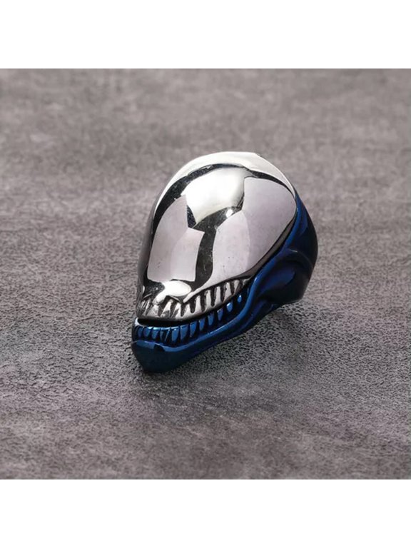 Gothic Openable Alien Skull Ring Stainless Steel Men's Skeleton Biker Punk Ring-7-Blue with Silver Top