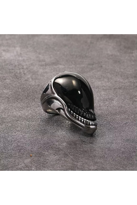 Gothic Openable Alien Skull Ring Stainless Steel Men's Skeleton Biker Punk Ring-8-Silver with Black Top