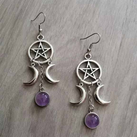 HOOUN Gothic Pentagram Spike Charm Dangly Earrings Witch Pagan Wicca Jewelry Gifts-11#Pentagram Moon Amethyst