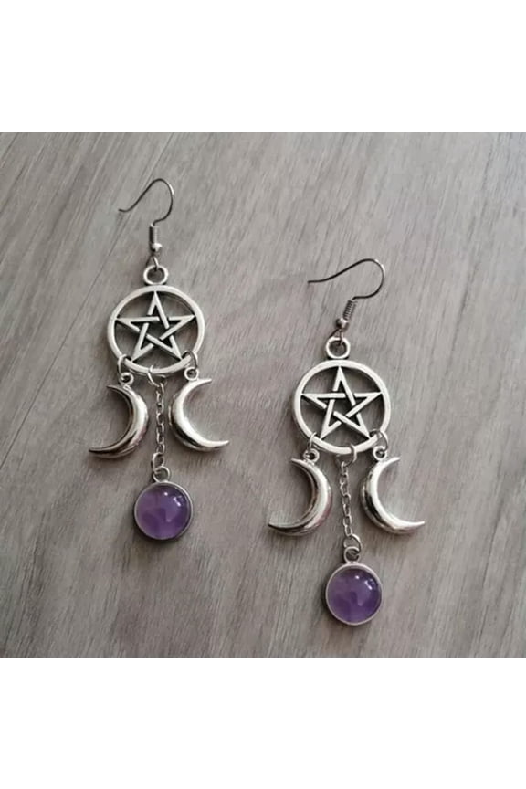 Gothic Pentagram Spike Charm Dangly Earrings Witch Pagan Wicca Jewelry Gifts-11#Pentagram Moon Amethyst