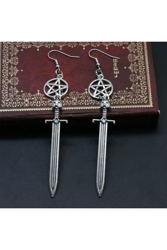 Gothic Pentagram Spike Charm Dangly Earrings Witch Pagan Wicca Jewelry Gifts-16#Cat head sword Pentagram