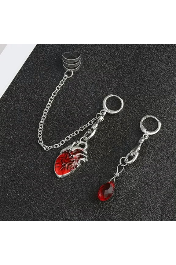 Gothic Punk Beating Heart Earrings Red Bleeding Heart Asymmetrical Earrings-Red