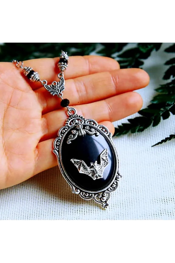 Gothic Red Cat eye Quartz Embossed Crystal Womens Pendant Necklace Gift Jewelry-05#Black Stone Bat