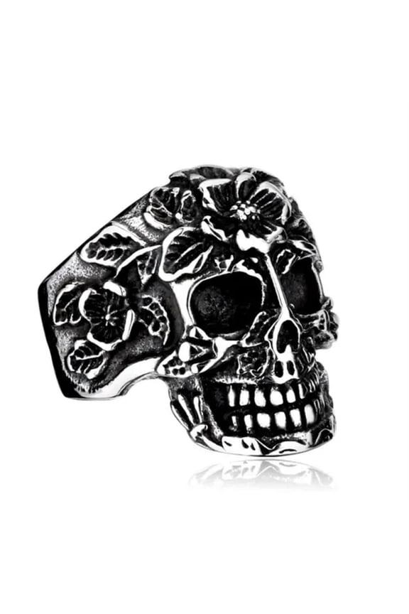 Gothic Rose Flower Skull Ring Stainless Steel Punk Jewelry Biker Men Skull Ring-9