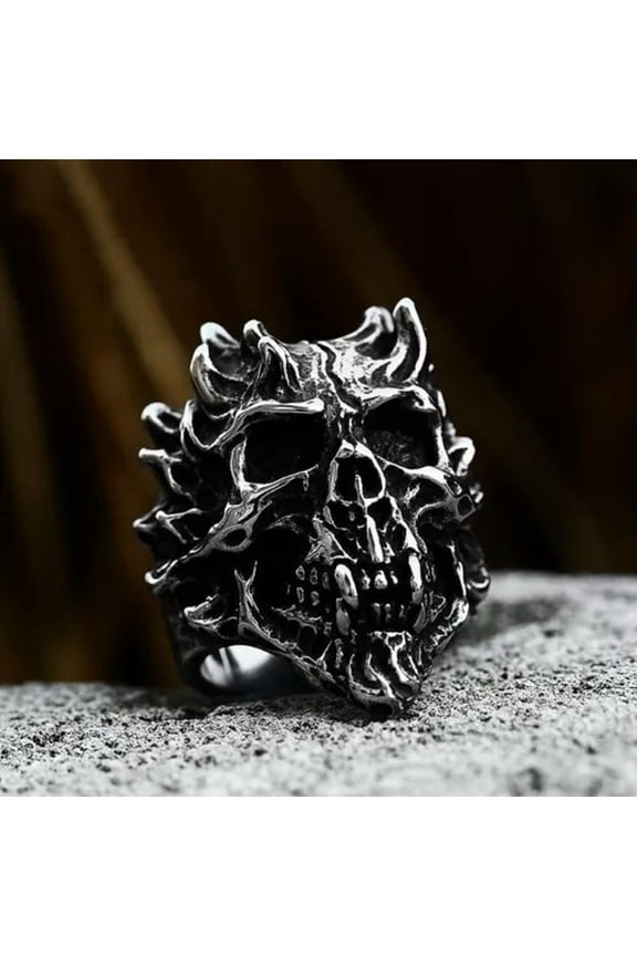 Gothic Satan Horns Skull Ring 316L Stainless Steel Tree Skeleton Biker Punk Ring-11