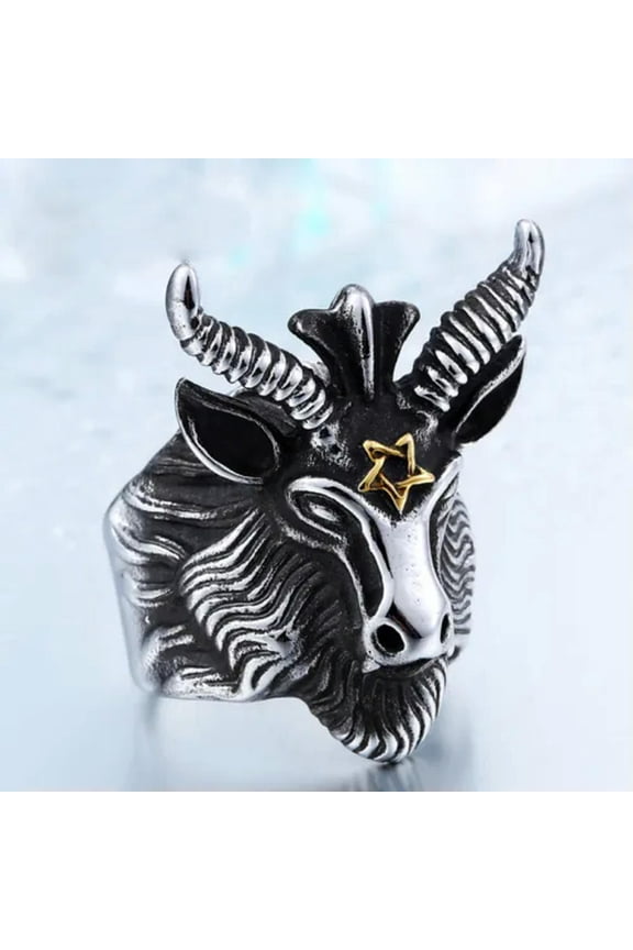 Gothic Satan Star Ram Ring Stainless Steel Men's Powerful Heavy Biker Punk Ring-10