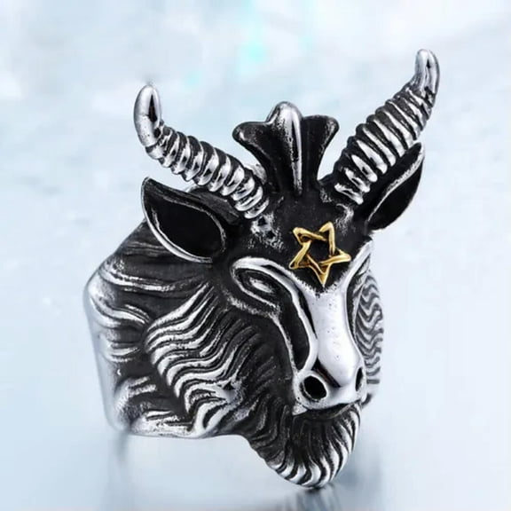 HOOUN Gothic Satan Star Ram Ring Stainless Steel Men's Powerful Heavy Biker Punk Ring-10
