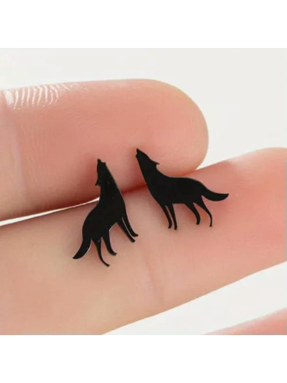Gothic Stainless Steel Wolf Earrings Punk Studs Small Animal Gifts For Men Women-Black Wolf Stud