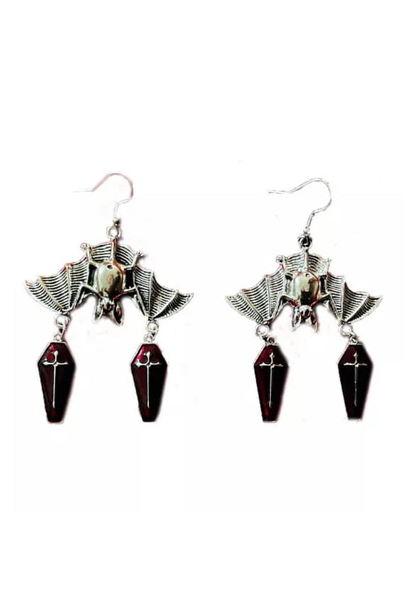 Gothic Vampire Bat Coffin Earrings Alternative Halloween Red Ename Cross Jewelry-08#Upside Down Bat Coffin Cross