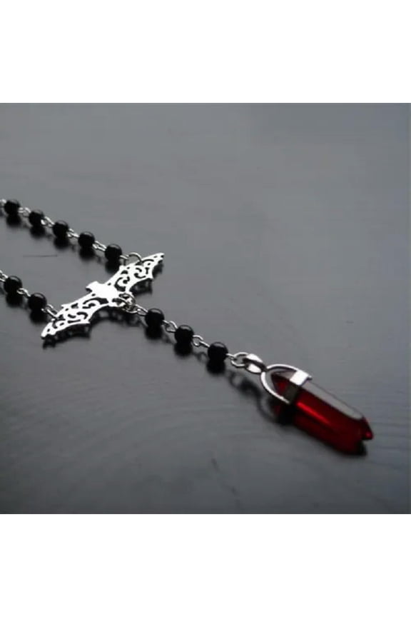 Gothic Vampire Black Bat Pendant Necklace for Men Women Hip Hop Punk Jewelry-07# Bat Rosary Red Crystal