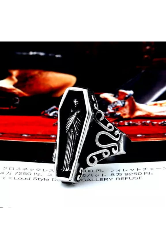Gothic Vampire Coffin Ring Stainless Steel Vintage Skull Men's Biker Punk Ring-12