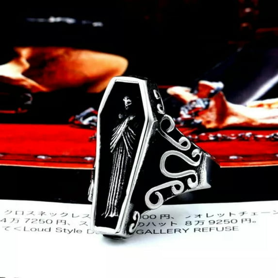 HOOUN Gothic Vampire Coffin Ring Stainless Steel Vintage Skull Men's Biker Punk Ring-9
