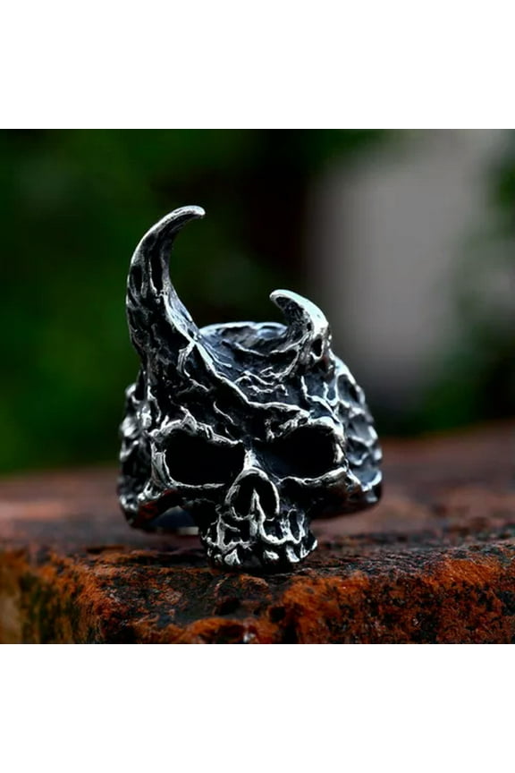 Gothic Wacky Satan Horn Skull Ring Stainless Steel Men's Retro Biker Skull Ring-10