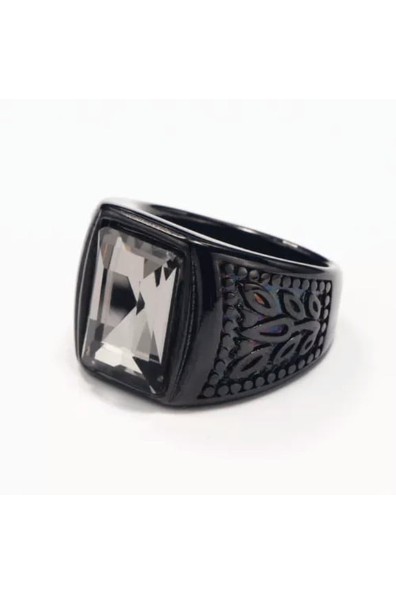 Gray Stone Inlay Retro Wedding Ring Stainless Steel Men's Vintage Band Black-7