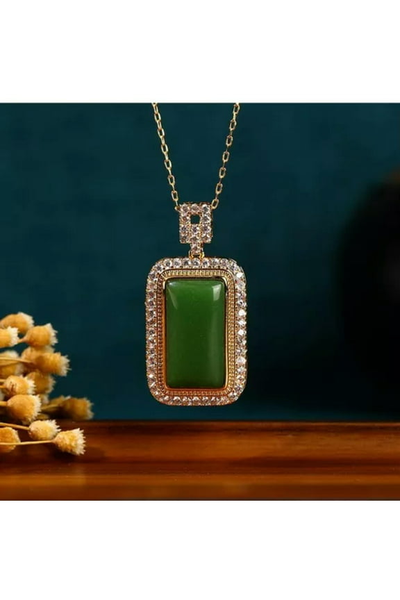 Green Jade Crystal Pendant Necklace Charm 18K Gold Plated Chain Dainty Gemstone