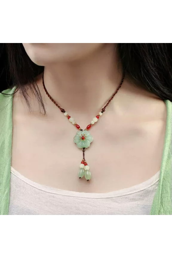 Green Jade Flower Necklace Pendant Chalcedony Jewelry 925 Silver Natural
