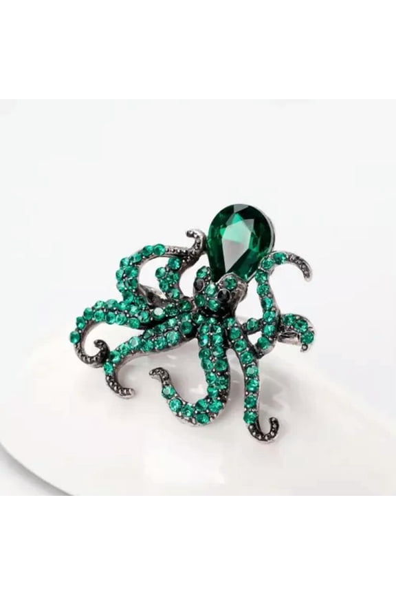 Green Octopus Rhinestones Brooches Pins Women Men Sea Animal Crystal Jewelry New
