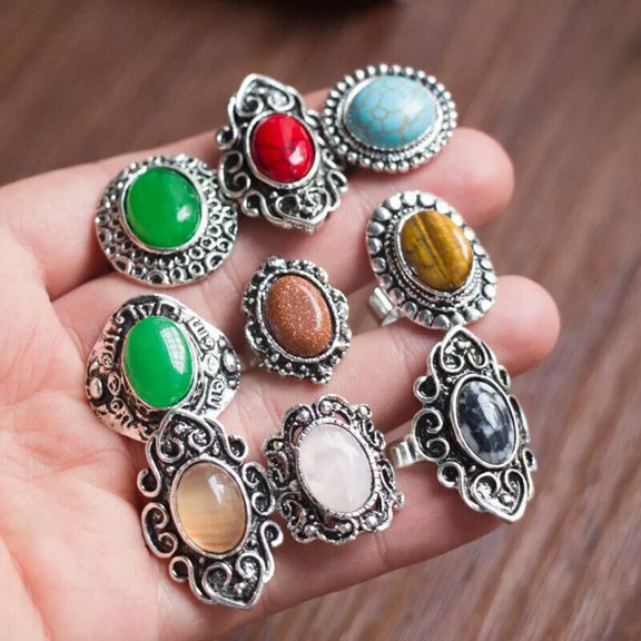 HOOUN HOT Wholesale Bulk 50pcs Colourful Assorted Natural Gemstone Silver P Rings