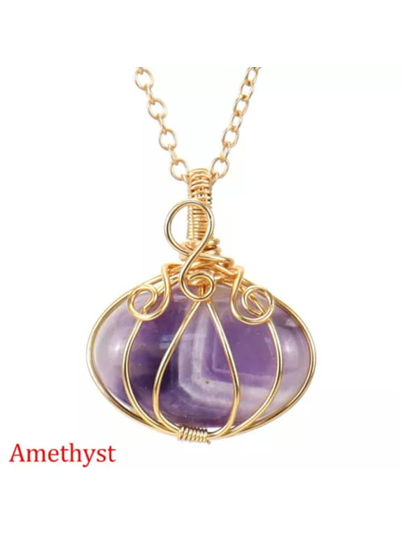 Halloween Copper Wire Wrapped Crystal Pumpkin Necklace Pendant Autumn Jewelry-Amethyst (Gold)