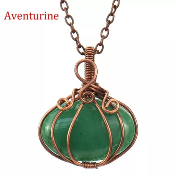 HOOUN Halloween Copper Wire Wrapped Crystal Pumpkin Necklace Pendant Autumn Jewelry-Aventurine (Bronze)