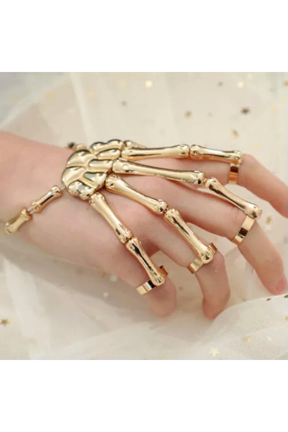 Halloween Hand Skull Skeleton Elastic Bracelet Rings Cool Women Bangle Fashion-Gold