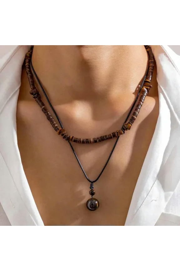 Handmade 2pcs Natural Stone Men's Necklace Wood Beads Ethnic Jewelry