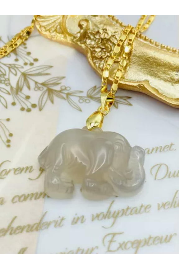 Handmade Carved Jade Elephant Pendant Charm Necklace W/ 18K Gold Plated Chain-Ivory