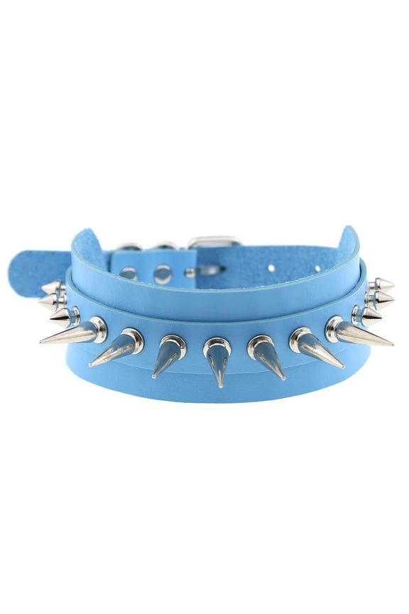 Harajuku Punk Pointed Nail Rivet Handmade Double Layer Leather Collar Neckchain-Light Blue