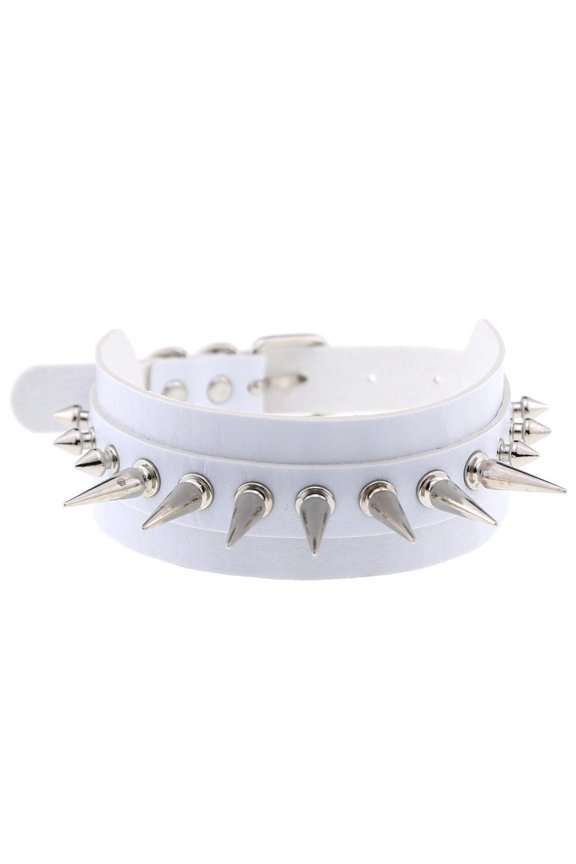 Harajuku Punk Pointed Nail Rivet Handmade Double Layer Leather Collar Neckchain-White
