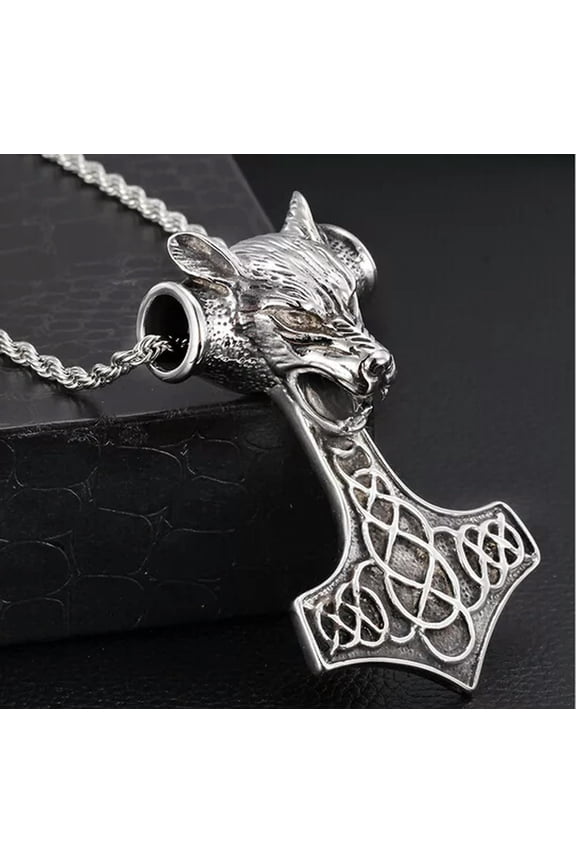 Heavyweight Stainless Steel Biker Wolf Thor Hammer Large Pendant Box Necklace