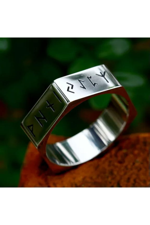 Hex Nut Nordic Viking Rune Ring Titanium Men Women Retro Wedding Band Biker Ring-10-Silver