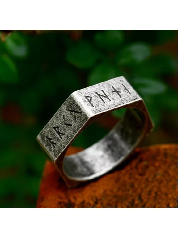 Hex Nut Nordic Viking Rune Ring Titanium Men Women Retro Wedding Band Biker Ring-9-Gray