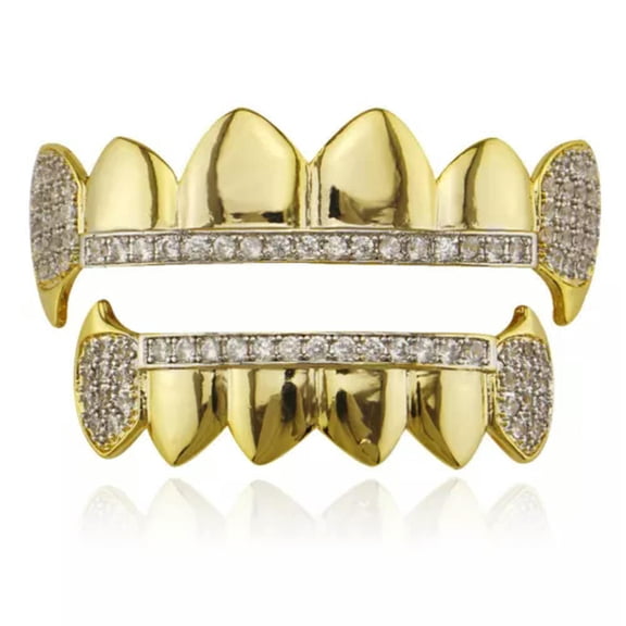 HOOUN Hip Hop Grills Fangs Top Bottom Set 5A+ CZ 18K Gold Silver Plated Teeth Grillz-Gold and Silver