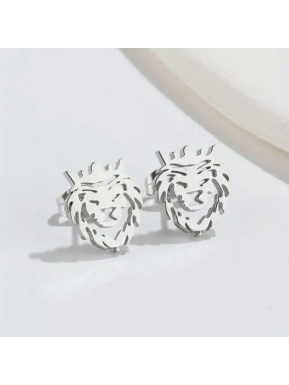 Hollow Crown Lion Animal Stainless Steel Stud Earrings Trend Punk Women Jewelry-Steel Lion Head