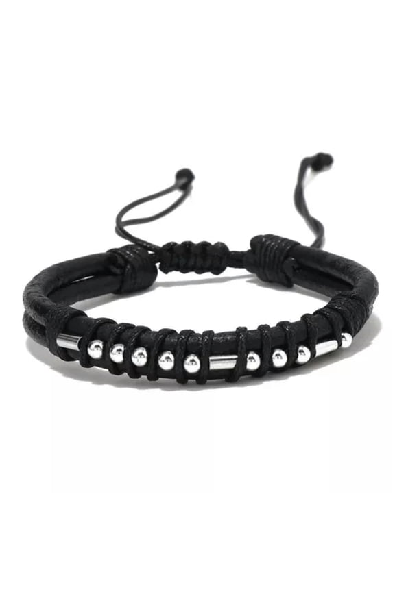 Hot Sale Metal Beads Morse Code Punk Leather Bracelet Adjustable Rope For Men-bbf