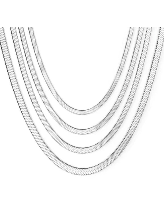 Hot Stainless Steel Wide Flat Snake Chain Herringbone Choker Necklace For Womem-Silver-4mm-24 in