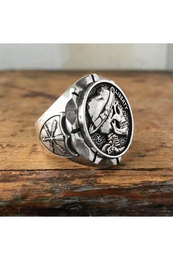 Indian Liberty Skull Ring Men's Vintage Alloy Metal Coin Signet Rings Punk Biker-11