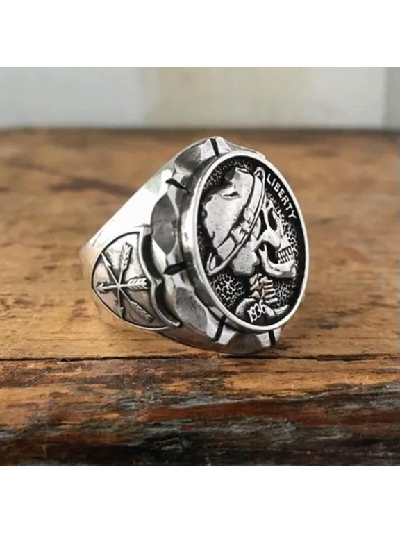Indian Liberty Skull Ring Men's Vintage Alloy Metal Coin Signet Rings Punk Biker-7