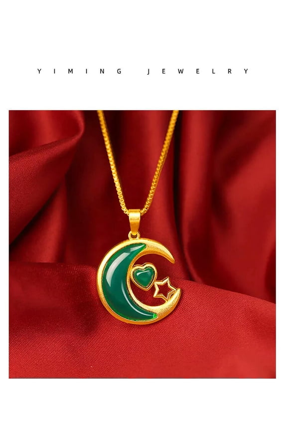 Inlaid jade star moon 22K 23K 24K Thai Baht Gold Filled Yellow GP Necklace