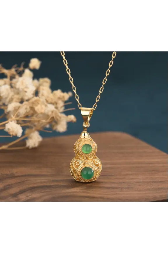 Jade Crystal Carved Hollow Pendant Necklace Charm 18K Gold Plated Gemstone Gift