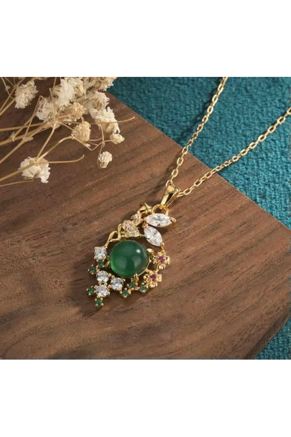 Jade Crystal Pendant Necklace Charm 18K Gold Plated Chain Flower Dainty Gemstone