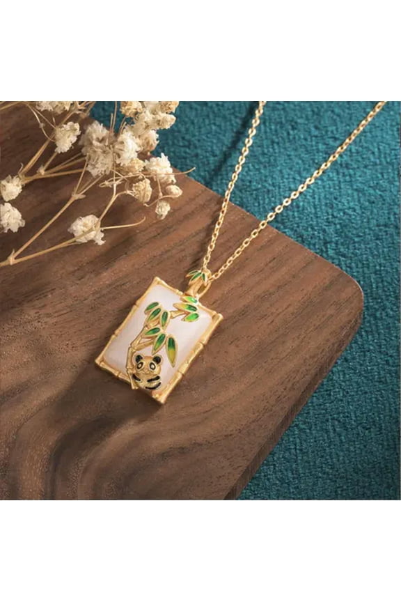 Jade Crystal Pendant Necklace Panda Charm 18K Gold Plated Bamboo Dainty Gemstone