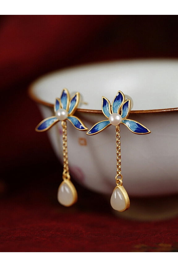 Jade Lotus Earrings Talismans Green 925 Silver Natural Ear Studs Women Jewelry-White