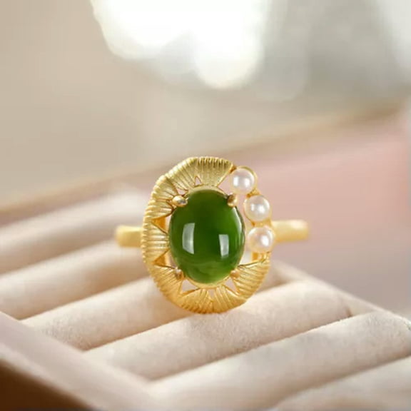 HOOUN Jade Rings Gemstone Gemstones Jewelry Women Adjustable Ring Natural 925 Silver-Green