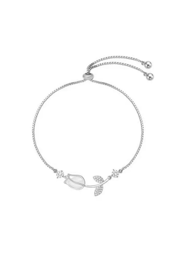 Korean Light Luxury Tulip Flower Bracelet Women Shiny Zircon Opal Bead Bracelet@-Silver