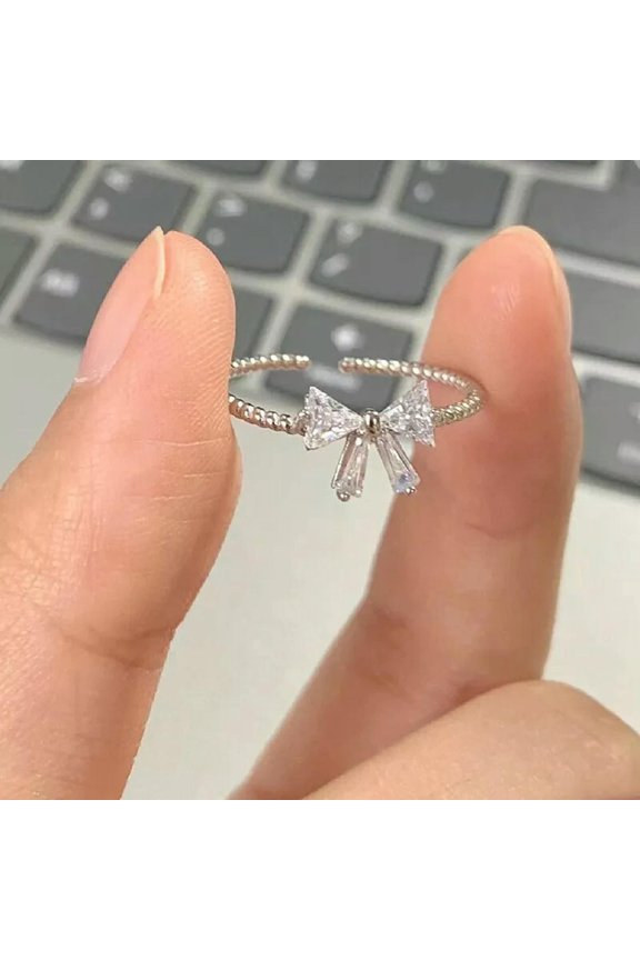 Korean Style Shiny Zircon Opening Adjustable Ring Fashion Bowknot Finger Ring@
