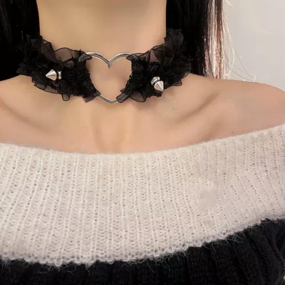 HOOUN Lace Heart Choker Necklace Collar Bib Gothic Punk Cross Victorian Steampunk Gift-Black